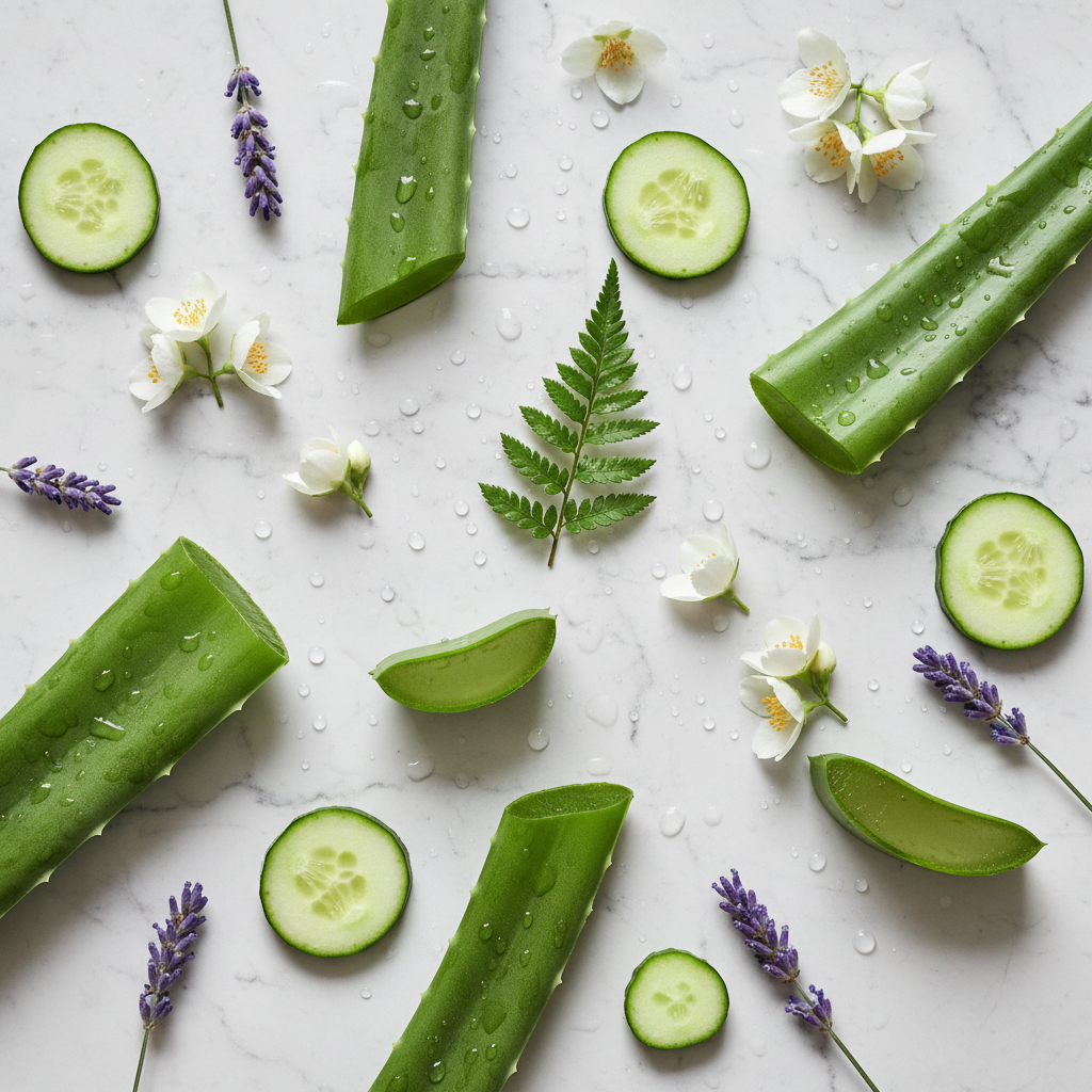 E'yn Veil No.1 key ingredients flat lay with aloe vera, botanicals and ferns on marble
