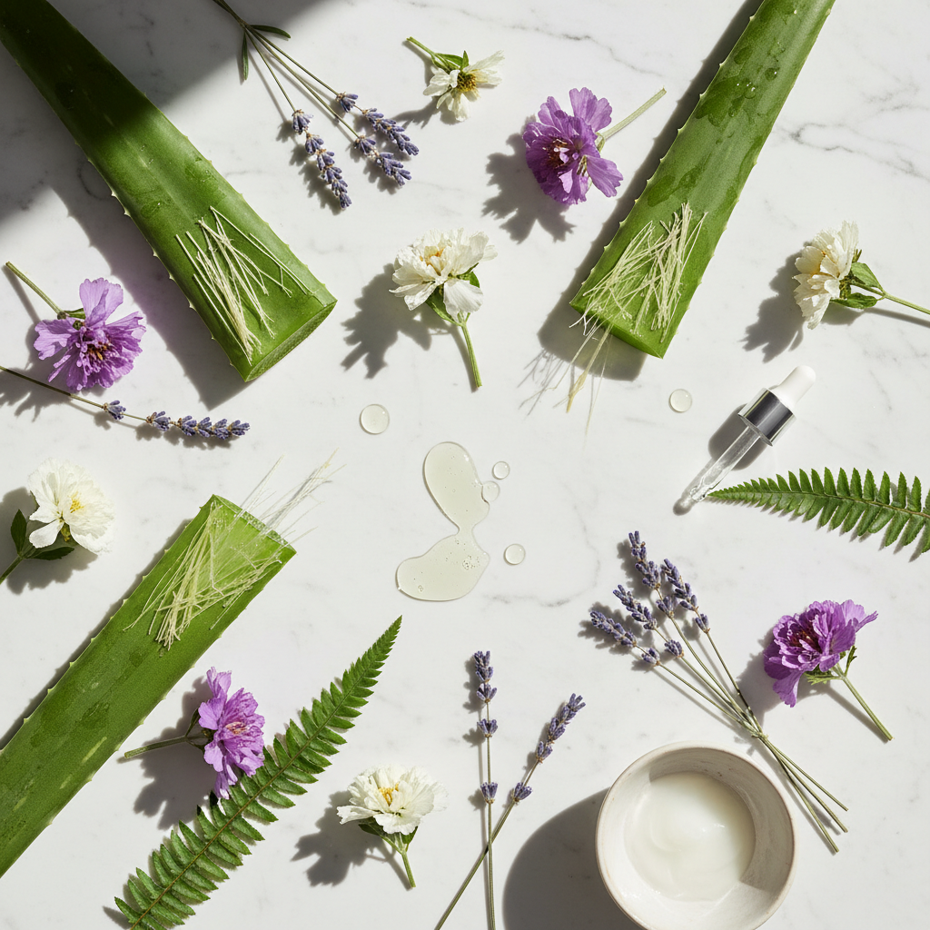 E'yn Veil No2 key ingredients flat lay with aloe vera, botanicals and lavender on marble
