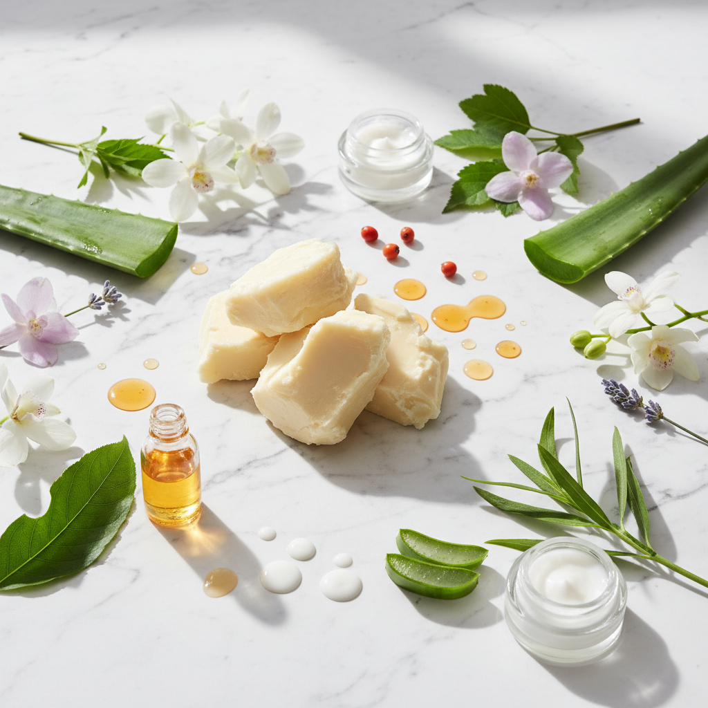 E'yn Veil No.3 botanical ingredients flat lay with shea butter, rosehip oil and botanicals on marble